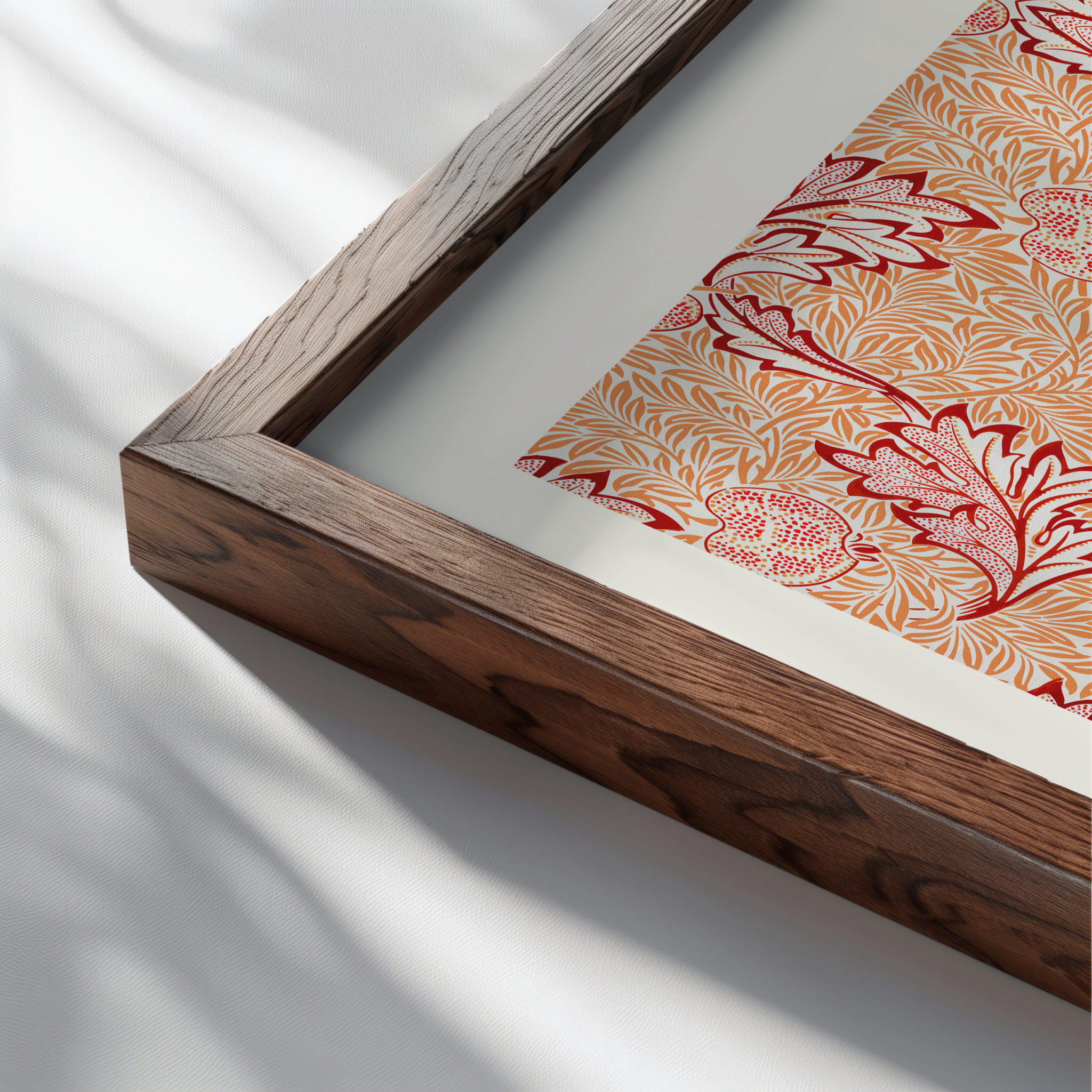 Premium walnut wood frame holding a William Morris &ldquo;Apples&rdquo; (1877) giclée print on archival fine art paper